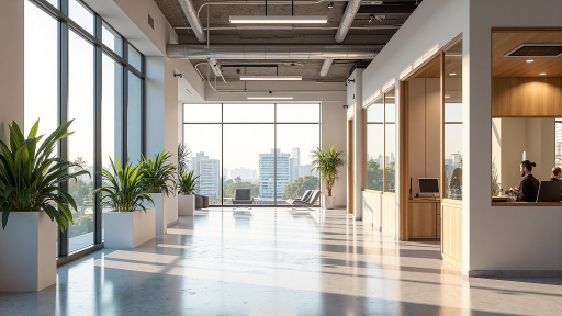 宽敞明亮的现代办公空间，落地窗设计，员工在开放区域工作，充满活力的工作环境