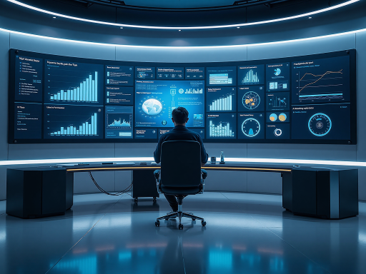 AI漫剧制作界面，多屏显示，技术人员操作复杂软件，屏幕显示动漫角色设计过程，现代科技感强